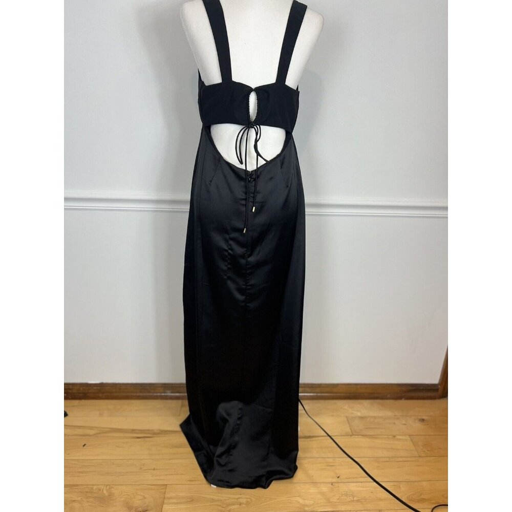 Free People Gia Dress Size 12 Black Satin Bodice Maxi Slinky Tie Back Boho New - Picture 6 of 10